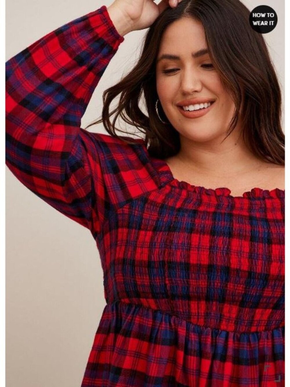 torrid Red and Navy Plaid Smocked Off-Shoulder Top